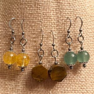 Stainless steel earrings three pairs, tigers, eye citrine, and green aventurine